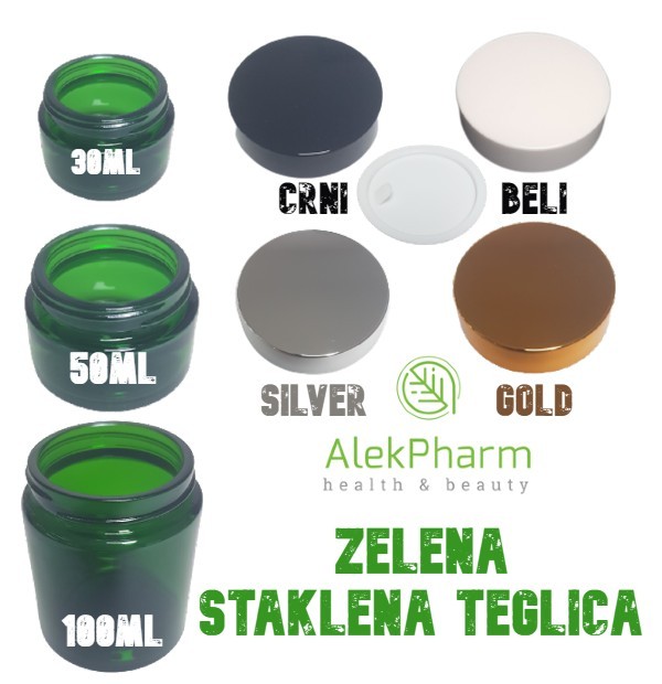 ZELENA STAKLENA TEGLICA 30-50-100ml SA POKLOPCEM U BOJI