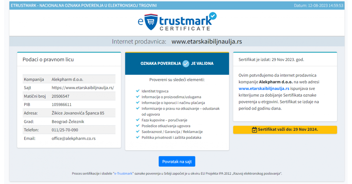 E-Trustmark - Alekpharm d.o.o. - Sertifikat oznake poverenja u E-trgovini E-Trustmark - Alekpharm d.o.o. - Sertifikat oznake poverenja u E-trgovini