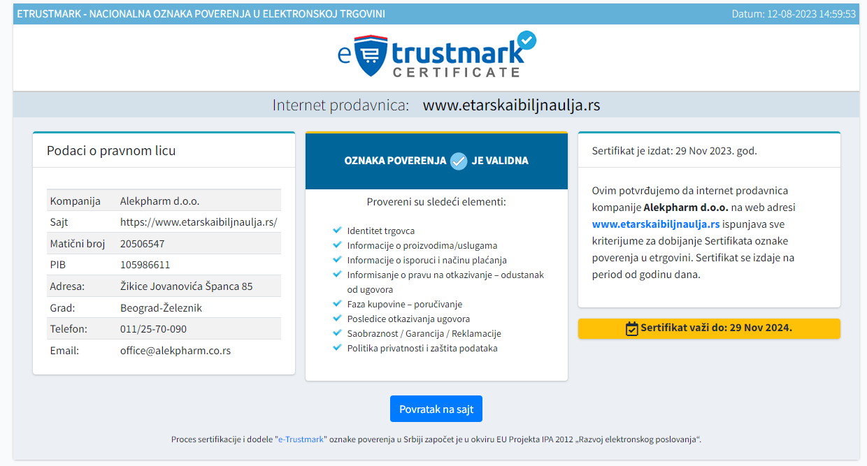 E-Trustmark - Alekpharm d.o.o. - Sertifikat oznake poverenja u E-trgovini